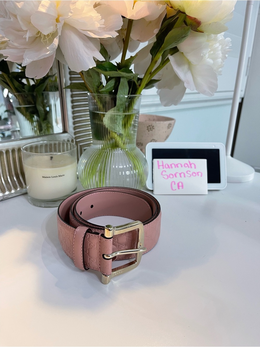 Gucci Pink Leather Belt with Gold-Tone Double-Prong Buckle
